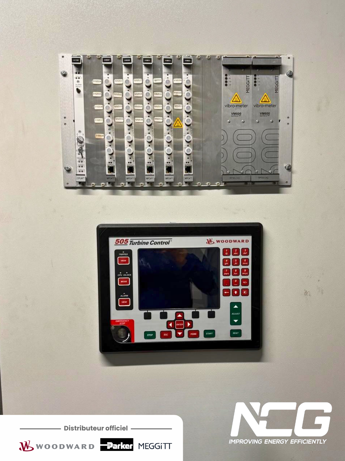 Rack VM600 MK2 Parker Meggitt Vibro-Meter et pupitre Woodward 505 après modernisation machine tournante