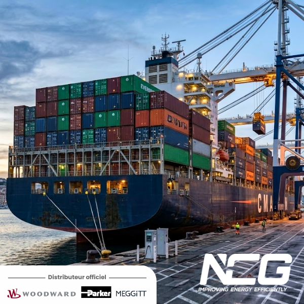 Navire porte-conteneurs à quai dont la propulsion est régulée par un régulateur de vitesse maritime