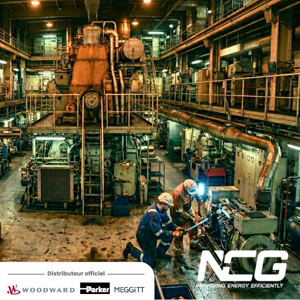 Techniciens NCG en intervention sur un moteur en salle des machines d'un navire